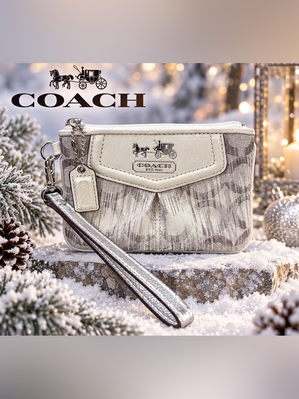 Coach F44656 Signature Lurex Metallic Silver Pleated Wristlet Y2K